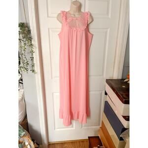 Vintage Shadowline Nylon Nightgown M Medium Pink Short Sleeve Silky Lace Sweep